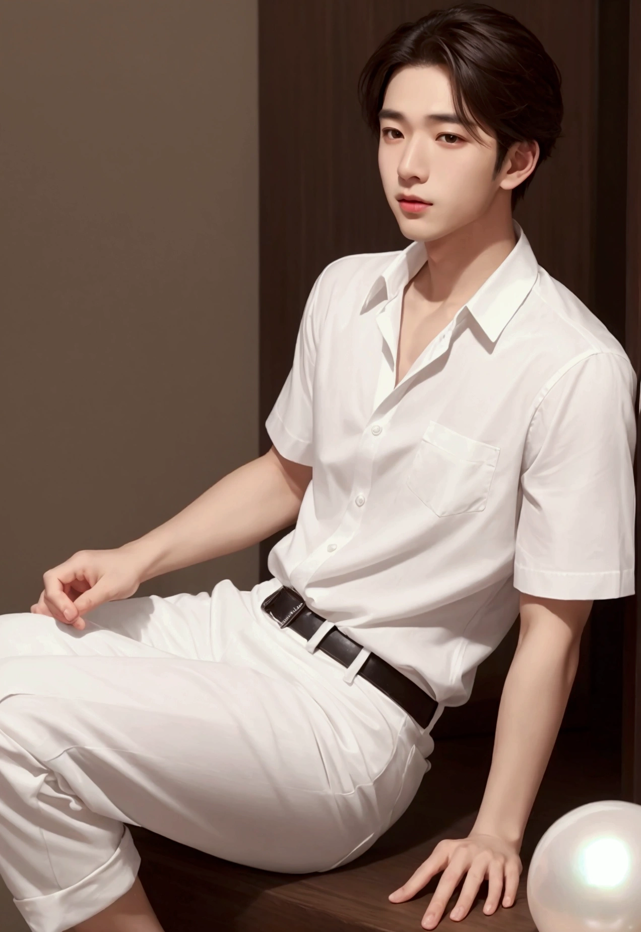 Young man in white shirt,Sitting on a giant pearl