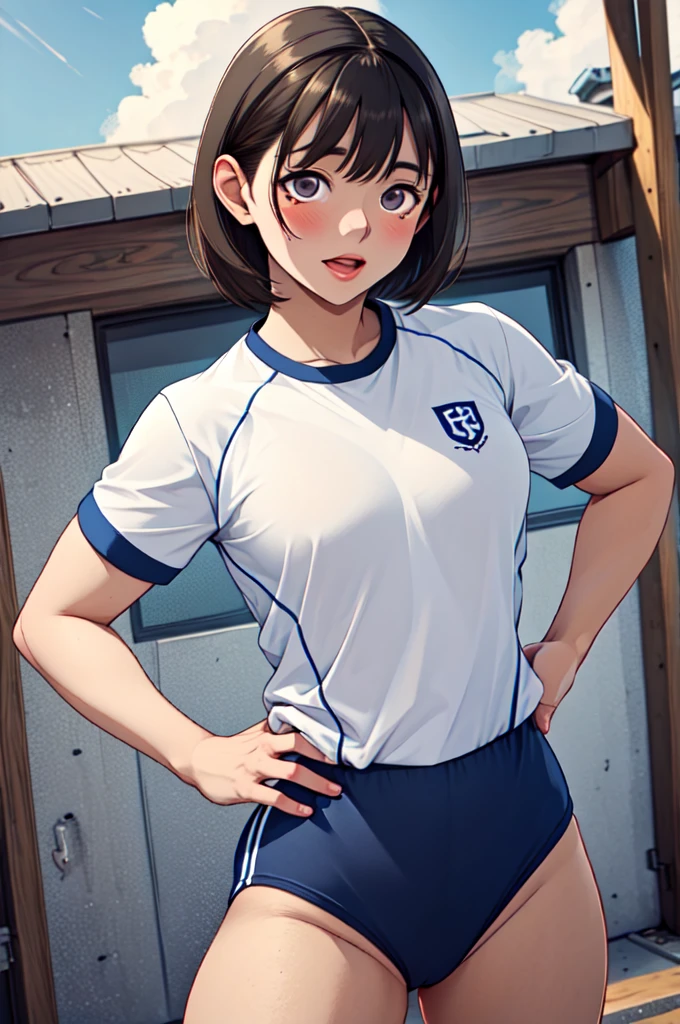 masterpiece, best quality, highres, aanene, short hair, buruma,gym uniform, standing, cowboy shot, outdoors, ahegao,nsfw,