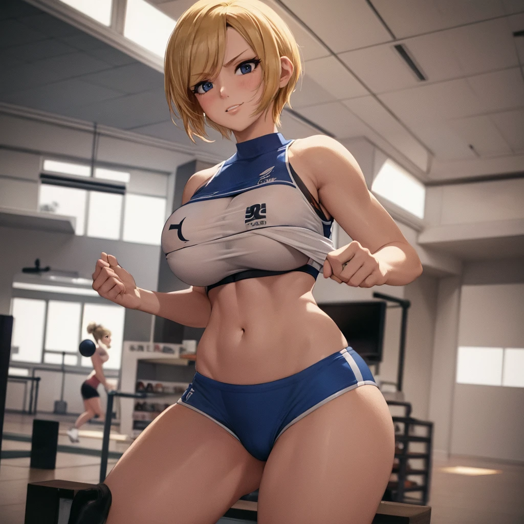 Your influencer character(sexy milf boobs) short blonde hair dressed in gym cloths working out in the gym by herself,Gymnasium Interiors lovely expression bright coloring smily face.