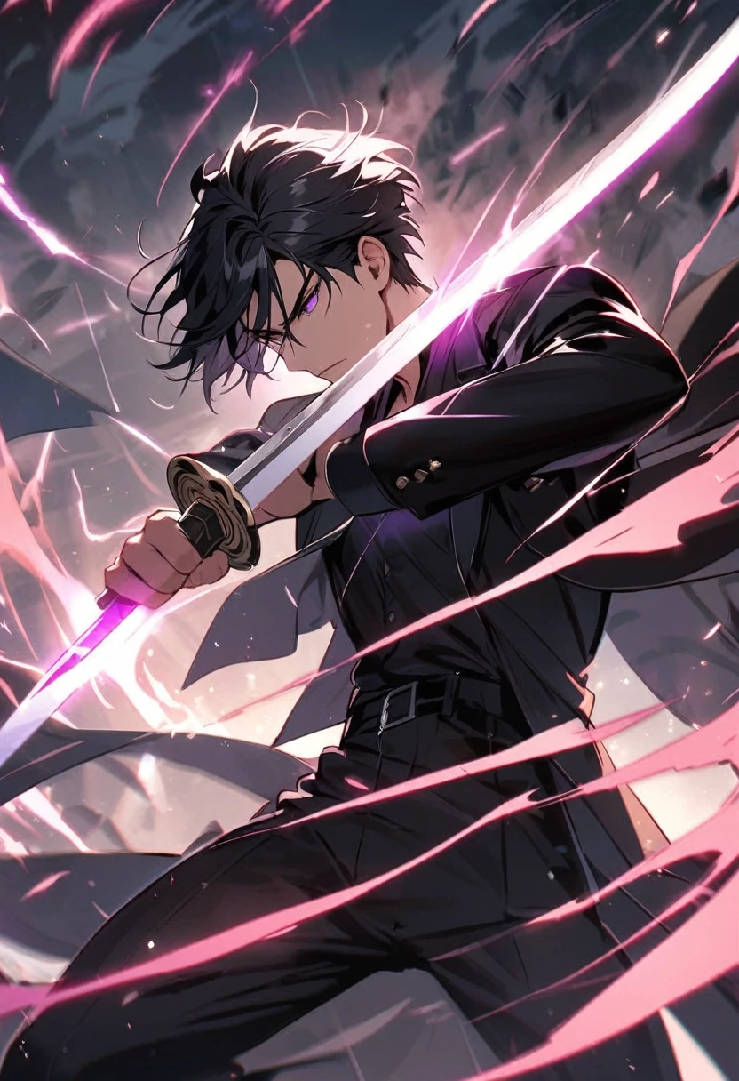 handsome, alone,young boy,1 man, short hair, black hair, purple eyes, black shirt, black coat, Lots of power,fighting with sword