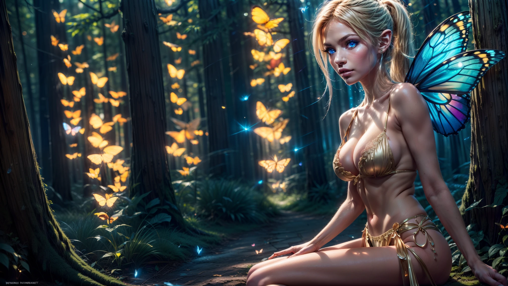 1 winged fairy woman, Scandinavian, Beautiful, Amazing face and eyes, makeup, (extremely detailed beautiful face), Blonde, (sexiest look), (Beautiful big breasts:1.3), (Best Quality:1.4), (Ultra-detailed), (extremely detailed CG unified 8k wallpaper), Highly detailed, RAW Photos, Professional Photography, (thin lace bikini:1.3), Standing, full body, (Spread your legs, proportional legs, detailed legs), (detailed hands, detailed finger, four finger on each hand, one thumb on each hand:1.4), plein air, Illumination, (Super fancy photos:1.4), (Dazzling light), Glowing Photography, depth of fields, (((glowing blue eyes))), realistic elf ear, (((butterfly wings on her back))), (redwood forest, tree hut, fireflies, nighttime), ((glittering sparkles)), (golden fairy dust),