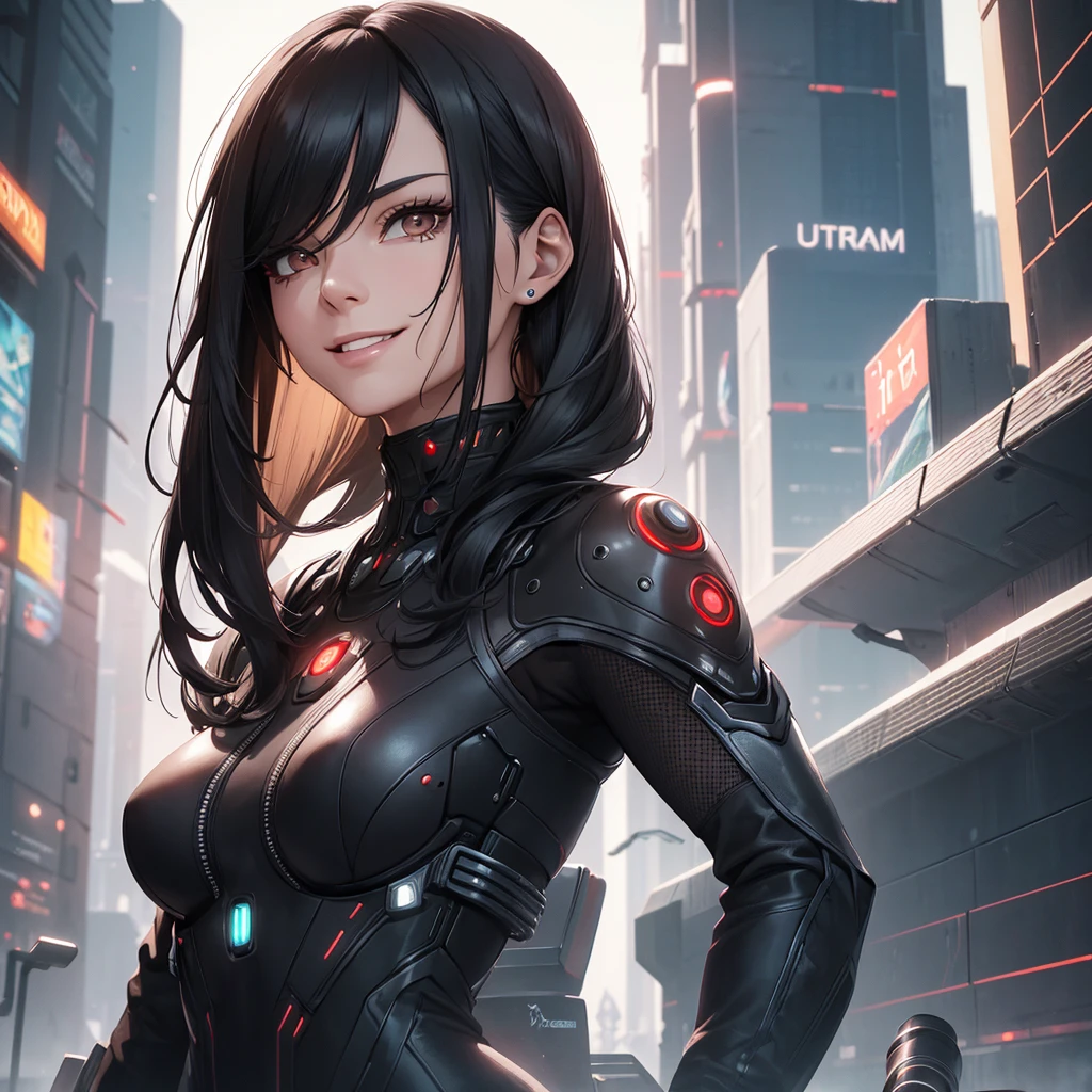 a mature woman with long black hair, brown eyes, and a mocking smile, wearing futuristic clothes in a futuristic setting, detailed facial features, ultra-detailed, masterpiece, photorealistic, high quality, 8k, sharp focus, vivid colors, science fiction, cyberpunk