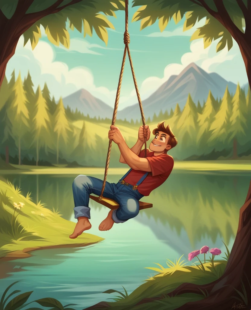 film image quality，style of disney animation，A boy and a lover sitting on the swing hanging from a big tree in the middle of a lake，detailed short hair，Denim suspenders，The barefoot，depth of fields，destacados，real light，ray tracing，oc rendered，hyperrealisti，best qualityer，8k，Masters&#39; works，superfino，Detailed pubic hair，anatomical correct，sharp focus on the eyes，bokeh，Facial features are carefully portrayed
