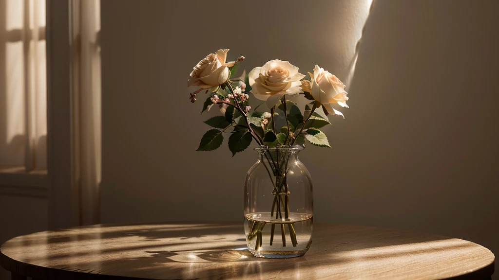 a small vase containing two delicate roses,minimalist,soft-toned background,natural lighting,interplay of light and shadow,natural beauty of the flowers,serene atmosphere,long shot,high quality, 8k, photorealistic, hyperdetailed, masterpiece, intricate details, dramatic lighting, cinematic composition