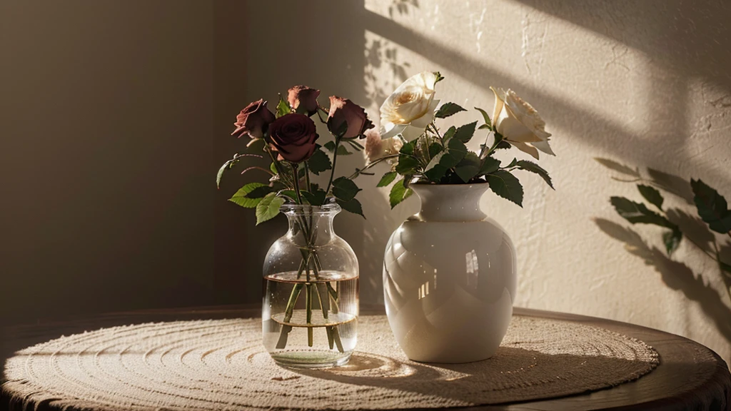 a small vase containing two delicate roses,minimalist,soft-toned background,natural lighting,interplay of light and shadow,natural beauty of the flowers,serene atmosphere,long shot,high quality, 8k, photorealistic, hyperdetailed, masterpiece, intricate details, dramatic lighting, cinematic composition