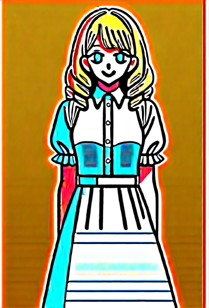 oshi_no_ko_style,blonde curls,sidecurls,fringe bangs,blue eyes,long eyelashes,cowboyshot,standing,,soft smile,long hair,masterpiece,highres,absurdres,white puffy short sleeves,collared dress,suspender dress,solo,frilled cuffs,frilled blouse,,teen,light blue pinafore dress,