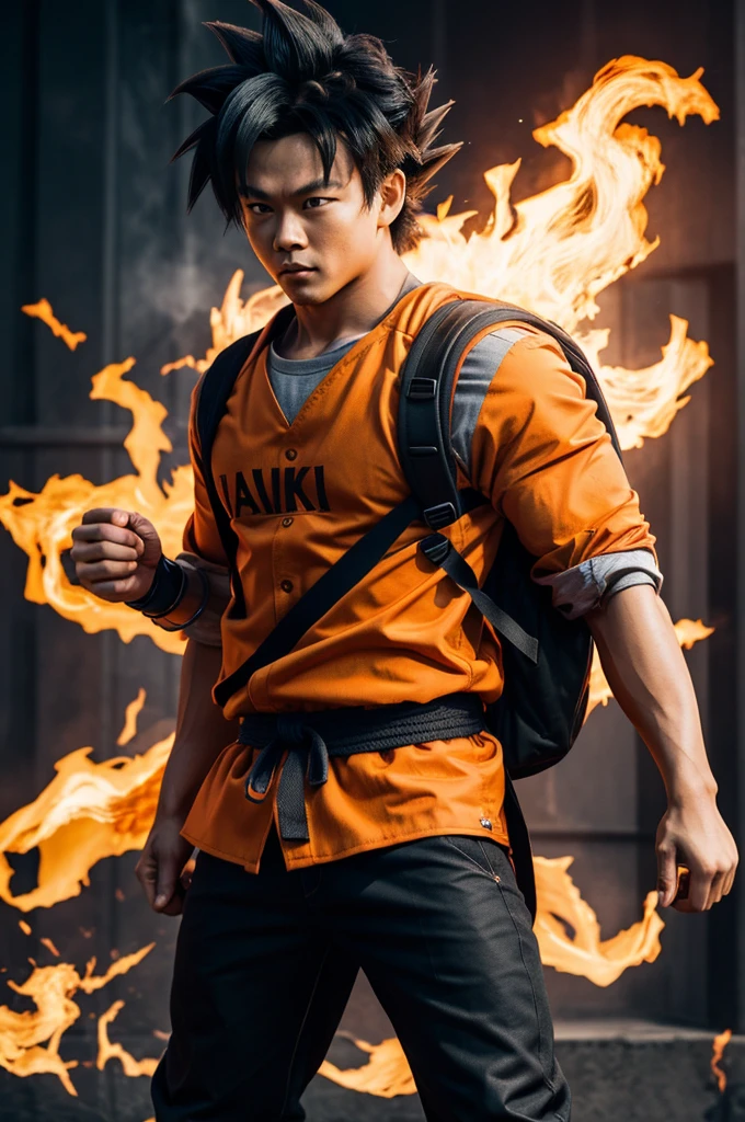 I need you to make a picture of Goku with a backpack. I want the backpack to be a Chenson brand and to see the logo on the backpack and for this logo to be on a metal plate.
I would also like Goku to be fighting with the devil and for him to have a backpack with similar characteristics.