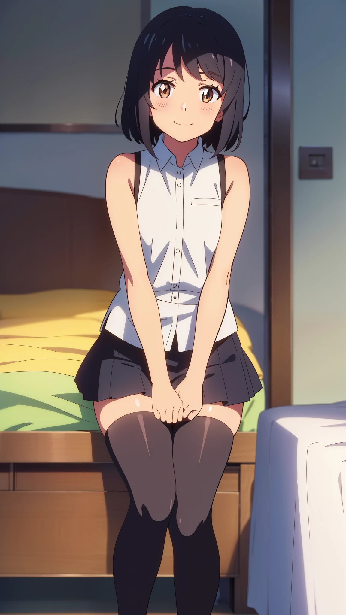 shinkai makoto, kimi no na wa., 1girl, bangs, black hair, blush, brown eyes, looking at the viewer, sleeveless dress, skirt, bare shoulders, short hair, solo, bedroom, shinny skin, smile, cute, thighhighs, (masterpiece), best quality