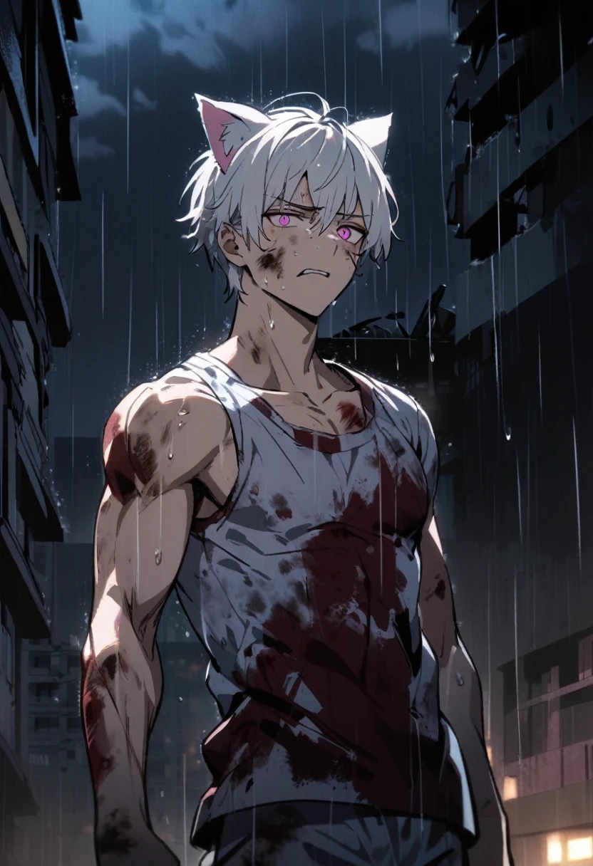 1 men, short white hair, pink eyes, Kitten ears, Hospital Clothes Slightly muscular body, at night, raining, front view, Top of a destroyed building, bruised and bloody body, tired facial expression
