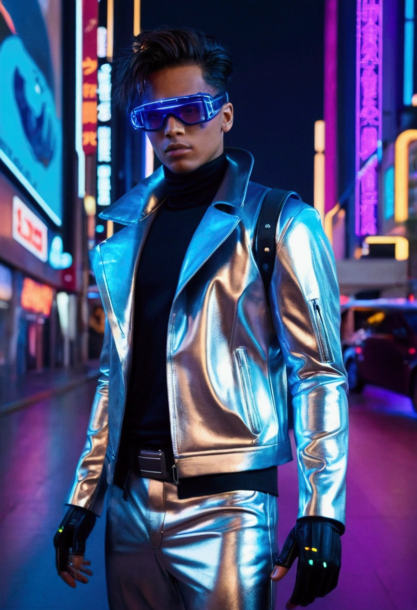 Imagine a stylish young man of approximately 25 years old, with a confident attitude and a penetrating gaze. He is wearing a silver metallic leather coat with shiny geometric lines that reflect the neon lights around him.. Under the coat, he wears a fitted black t-shirt with LED accents that flash blue and purple. Your pants are made of a technological fabric, adjusted to the body, with holographic inserts that change color as he moves. on the feet, black leather boots with thick soles and luminous details.
Its accessories are equally futuristic: augmented reality glasses with transparent lenses and illuminated edges, leather gloves with integrated circuits and a compact metallic backpack that looks straight out of a science fiction film. Her hair is styled with an asymmetrical cut and touches of neon color at the ends..
The scenery around you is a vibrant cyberpunk environment, with tall skyscrapers decorated with neon advertisements in varying languages, narrow and busy streets, and a slightly smoky atmosphere. Neon lights in shades of blue, purple and red reflect off metal and glass surfaces, creating a stunning and immersive visual effect. Floating cars pass over the horizon and drones fly overhead, adding an even more futuristic touch to the scene. Do not include elements that detract from the young person's futuristic and cyberpunk style, such as casual or traditional clothing that does not fit the theme. Avoid old-fashioned accessories or those without visible technology, like analog clocks or simple canvas backpacks. Don't use a generic or contemporary setting; stay away from suburban or natural environments that do not reflect the cyberpunk aesthetic. Avoid soft or natural lighting that can lessen the impact of neon lights and the urban environment. Do not include poses or facial expressions that do not convey confidence and attitude, and avoid any element that makes the young person seem out of context