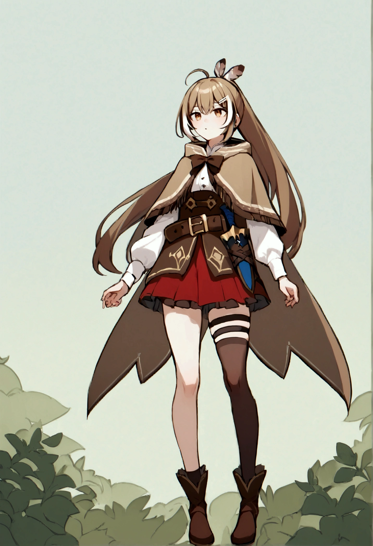 high quality, better hands, forest (background), full body, aamumei, very long hair, ponytail, ahoge, multicolored hair, feather hair ornament, hairclip, white shirt, brown corset, dagger, belt, red skirt, thigh strap, single kneehigh, single thighhighs, brown cloak, cape, capelet, brown bow,