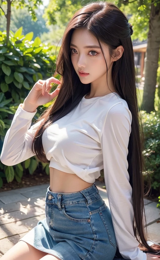 (Best quality, 8k, Masterpiece :1.3), (realistic, photorealistic: 1.37), (1girl), (Pretty woman in her 20s), (slim), (emphasizing slender abs :1.3), (Japanese), (loose white tight shirt, tight  skirts that accentuate her big buttocks), (random pose), (long hair, random hairstyle),  (outdoors), (Ultra-detailed face), (Detailed eyes), (Double eyelids), (eyeshadow intensifying), (many eyelashes), (long legs), (professional lighting), (photon mapping), (radiosity), (looking directly at viewer)
