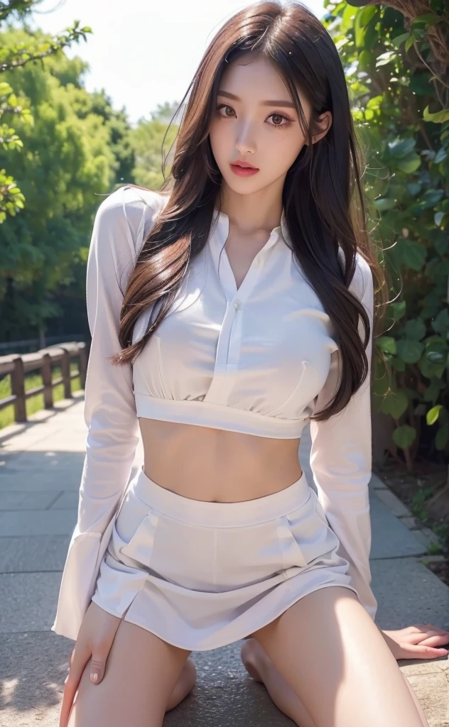 (Best quality, 8k, Masterpiece :1.3), (realistic, photorealistic: 1.37), (1girl), (Pretty woman in her 20s), (slim), (emphasizing slender abs :1.3), (Japanese), (loose white tight shirt, tight  skirts that accentuate her big buttocks), (random pose), (long hair, random hairstyle),  (outdoors), (Ultra-detailed face), (Detailed eyes), (Double eyelids), (eyeshadow intensifying), (many eyelashes), (long legs), (professional lighting), (photon mapping), (radiosity), (looking directly at viewer)