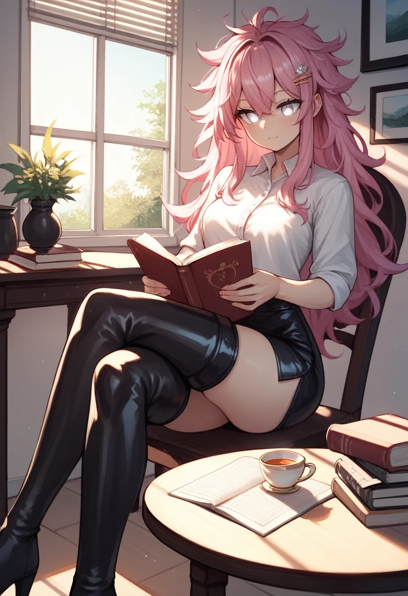 score_9, score_8_up, score_7_up, score_6_up, score_5_up, score_4_up, source_anime, 1girl, sit, chair, table, hairpin, pink hair, long hair, white eyes, reading books, messy hair, white shirt, leather skirts, thigh high boots, crossed legs, black boots, living room, windows, tea, evening, best quality, best res, 4K UHD,
 