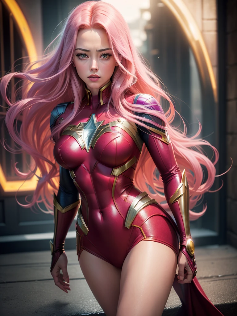 (best quality,ultra-detailed:1.2),beautiful sexy young AMBER HEARD,full kissable lips,long flowing pink hair,(realistic:1.37),(Marvel Comics:1.1),(DC Comics:1.1),(Phoenix Supergirl fusion), (Jean Gray Kara, Zor-El fusion), (X-MEN, Justice League fusion), breasts,vivid colors,portrait,superhero,vibrant lighting,comic book style