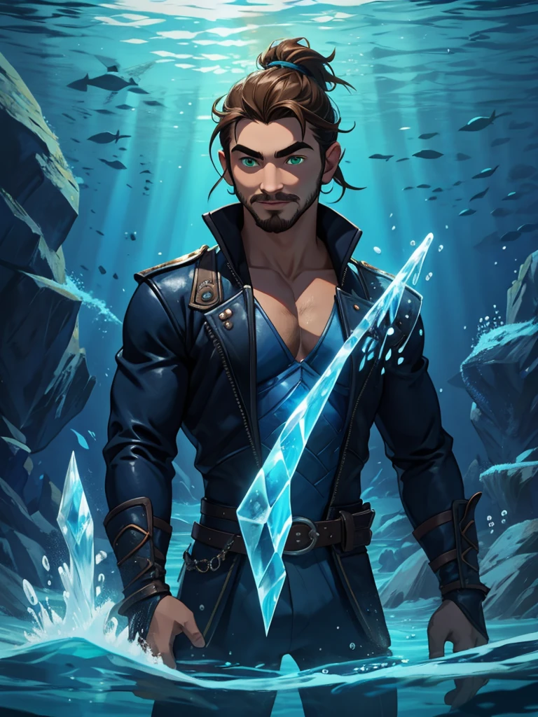 Dark blues colors. In the deep sea frozen waters, a boy is underwater. It is very dark, there is almost no light. He has brown hair held in a manbun, a short mustache and goatee, and green eyes. He has a very hooked nose and straight relaxed eyebrows. His face is gentle with angular bone structure and he's smiling gently. he wears fur and leather clothe. He wields water and ice magic around him.