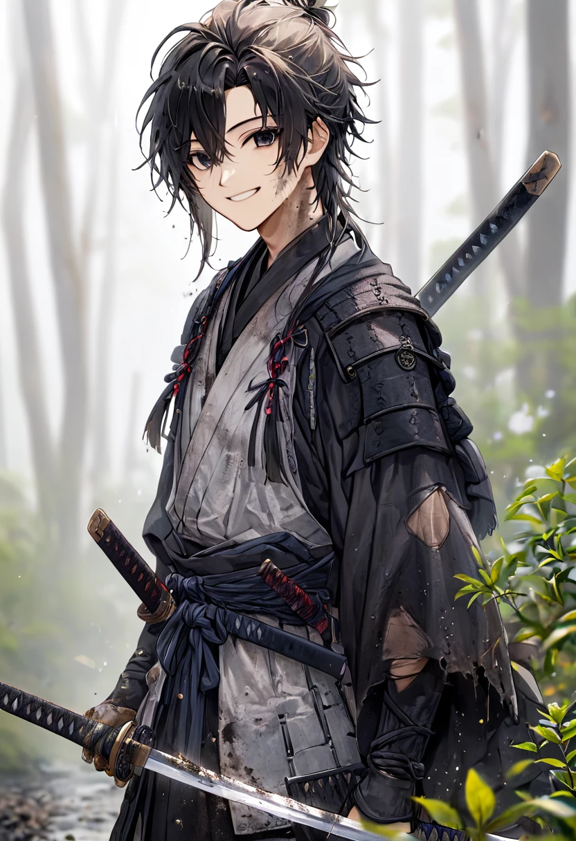 Ronin, Dirty, Boy, Two sword, black eyes, black samurai long unkempt hair, ragged body, gray- white Torn clothes, Smile, nature background.