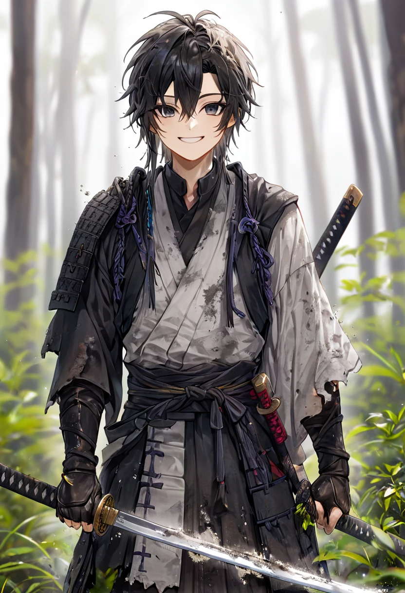 Ronin, Dirty, Boy, Two sword, black eyes, black samurai long unkempt hair, ragged body, gray- white Torn clothes, Smile, nature background.