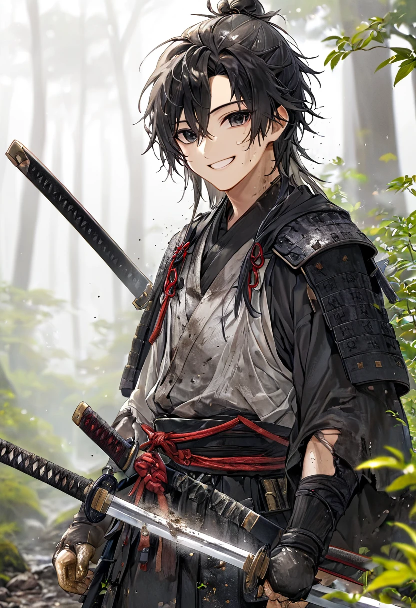 Ronin, Dirty, Boy, Two sword, black eyes, black samurai long unkempt hair, ragged body, gray- white Torn clothes, Smile, nature background.