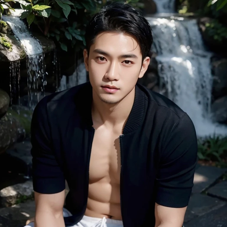 Close-up photo, Southeast Asian man with a round face,black eyes,abdominal muscles, perfect body, outdoor, Warm light, The morning sun shines beautifully., (digital painting, HDR, high contrast), 3d, 8k, 45,000,000 pixcls, realistically,
