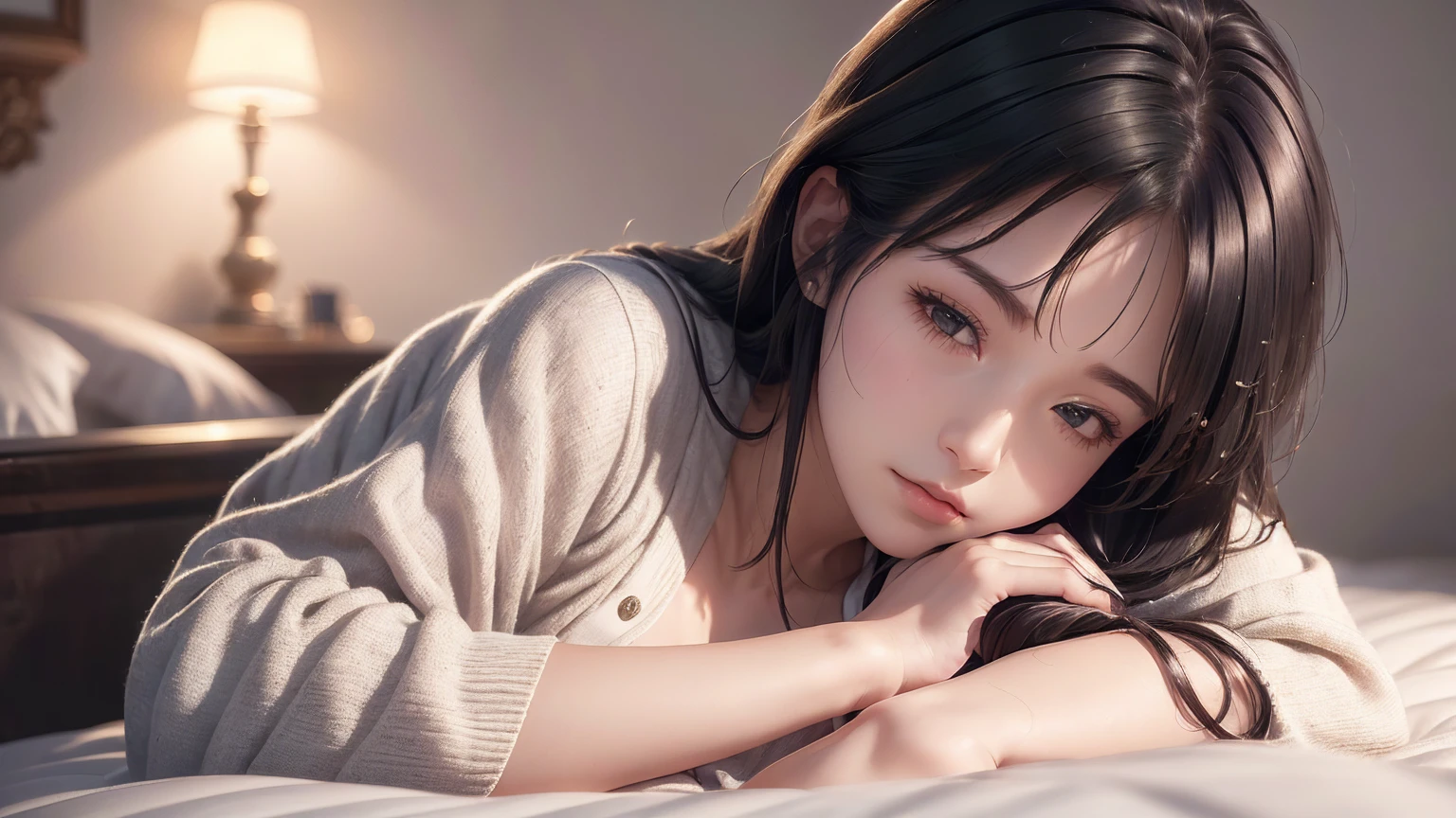 she is sleeping on bed, bed room background, (Best Quality, masutepiece, Ultra High Resolution, (Realistic:1.4), Original photo, 1girl in, Mature, White JK Uniform, Cinematic lighting), detailed and realistic face, Beautiful detail lips, expressive facial features,