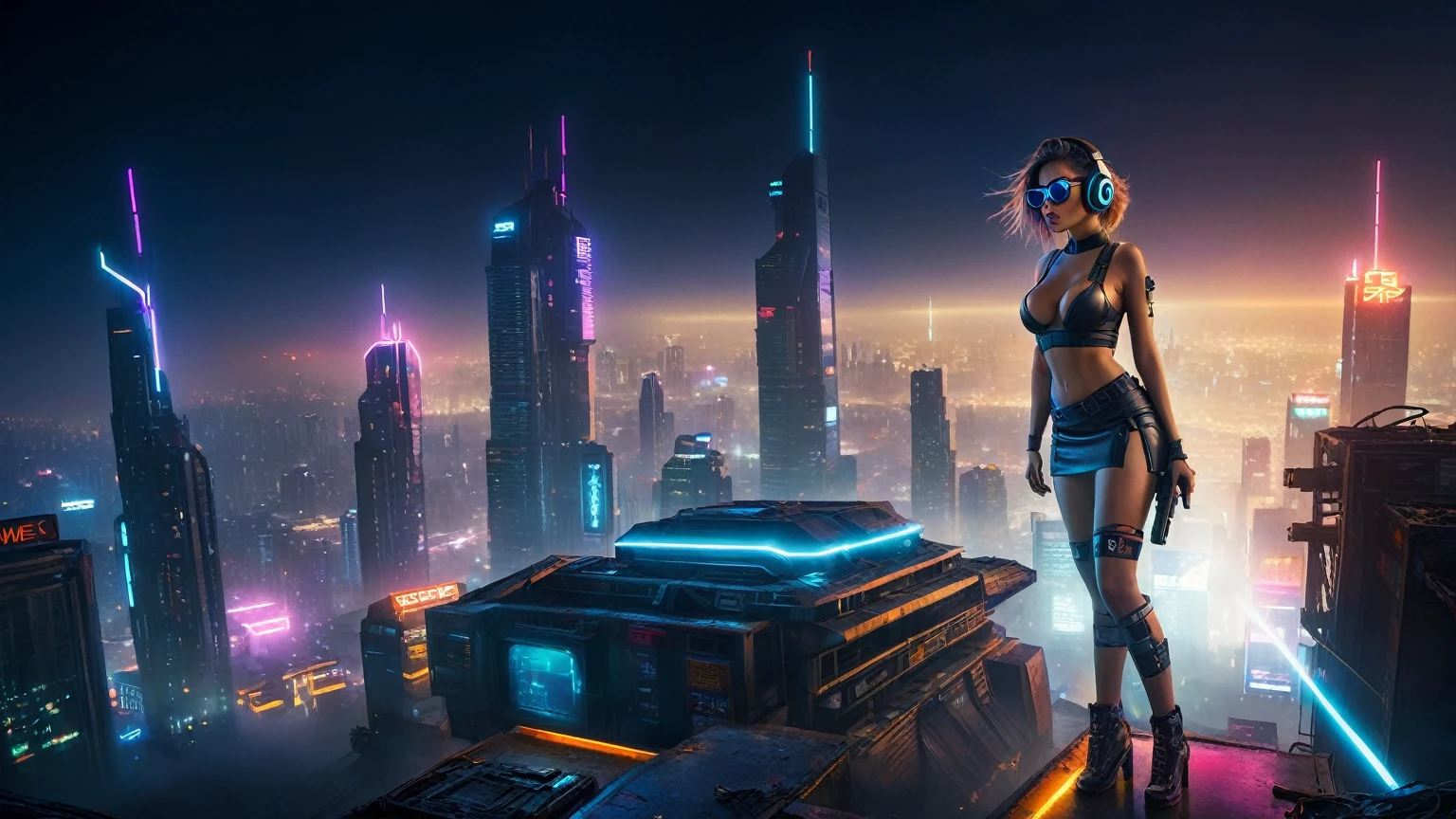 dark futuristic landscape, at night, neon lights, Atmospheric fog, large buildings in the background, futuristic city, streets with open shops, skyscraper (postapocalyptic city:1.3). (((1girl, solo, alone))), large-breast:1.2 slim body, cleavage:1.1, sexy miniskirt, (((headphone, black sunglasses, standing and holding pistol pose))), (((half-body thigh level medium shot))), cinematic lighting, lens flare, ray tracing.