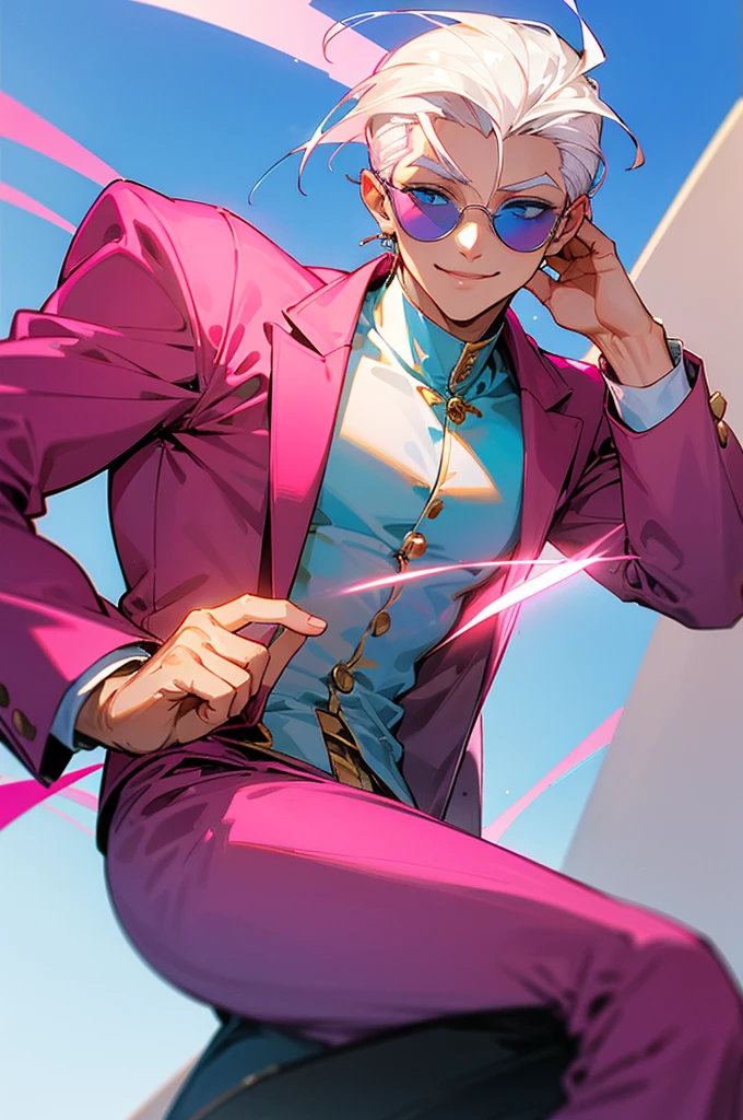Adult male，Off-white hair，Slicked back，Eyes as blue as the sky，Pink sunglasses，Pink suit，Gold round earrings，Host，Smile