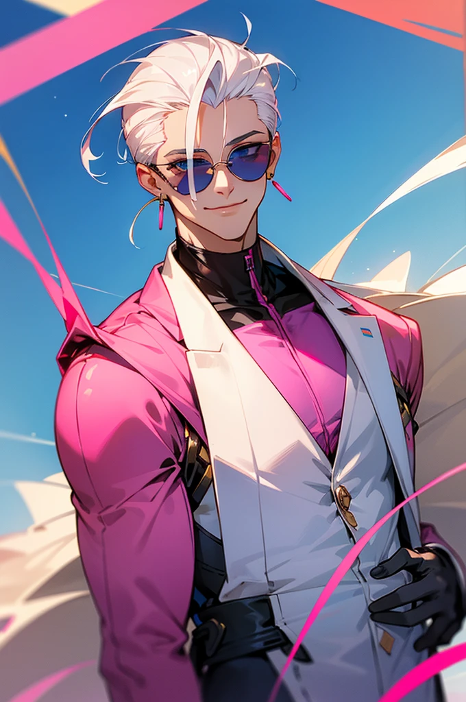 Adult male,Off-white hair,Slicked back,Eyes as blue as the sky,Pink sunglasses,Pink suit,Gold round earrings,Host,Smile