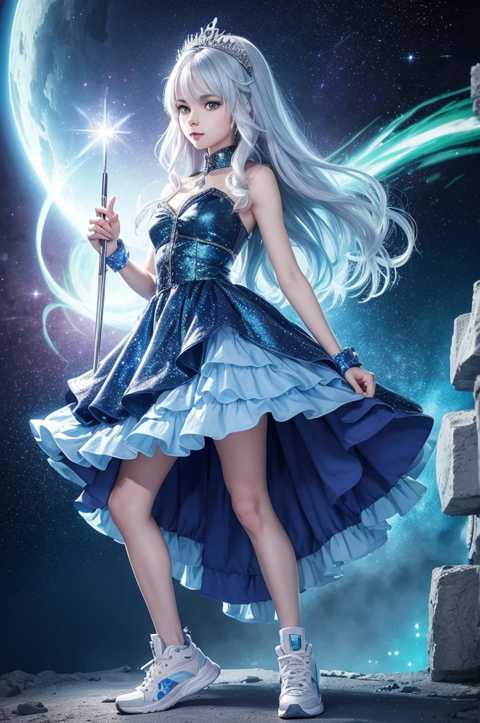 The character has long, silver hair, bright blue-green eyes, He is of medium height and has a slender build. She wears a colorful dress with star prints, comfortable sneakers and a sparkly tiara.