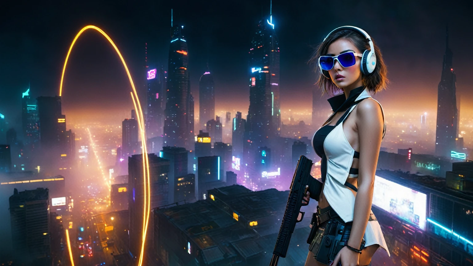 dark futuristic landscape, at night, neon lights, Atmospheric fog, large buildings in the background, futuristic city, streets with open shops, skyscraper (postapocalyptic city:1.3). (((1girl, solo, alone))), large-breast:1.2 slim body, cleavage:1.1, sexy miniskirt, (((headphone, black sunglasses, standing and holding pistol pose))), (((half-body thigh level medium shot))), cinematic lighting, lens flare, ray tracing.