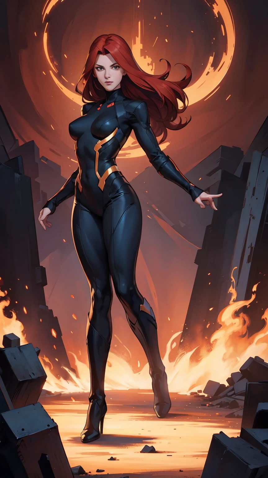 ((Full body photo,standing, feet on the ground)), character Jean Grey, (masterpiece), best quality, expressive eyes, perfect face, best quality, backlit, movie poster, book cover, dramatic studio lighting, standing, aesthetic, ((Best quality, best resolution, absurd, masterpiece, ultra-detailed)) 1girl, expressive eyes, perfect face (an ultraphoto 8k realistic wide-angle lens) best quality, splash art, cinematic lighting, volumetric lighting, illustration ((an extremely delicate and beautiful)), (hands beautiful, perfect hands)