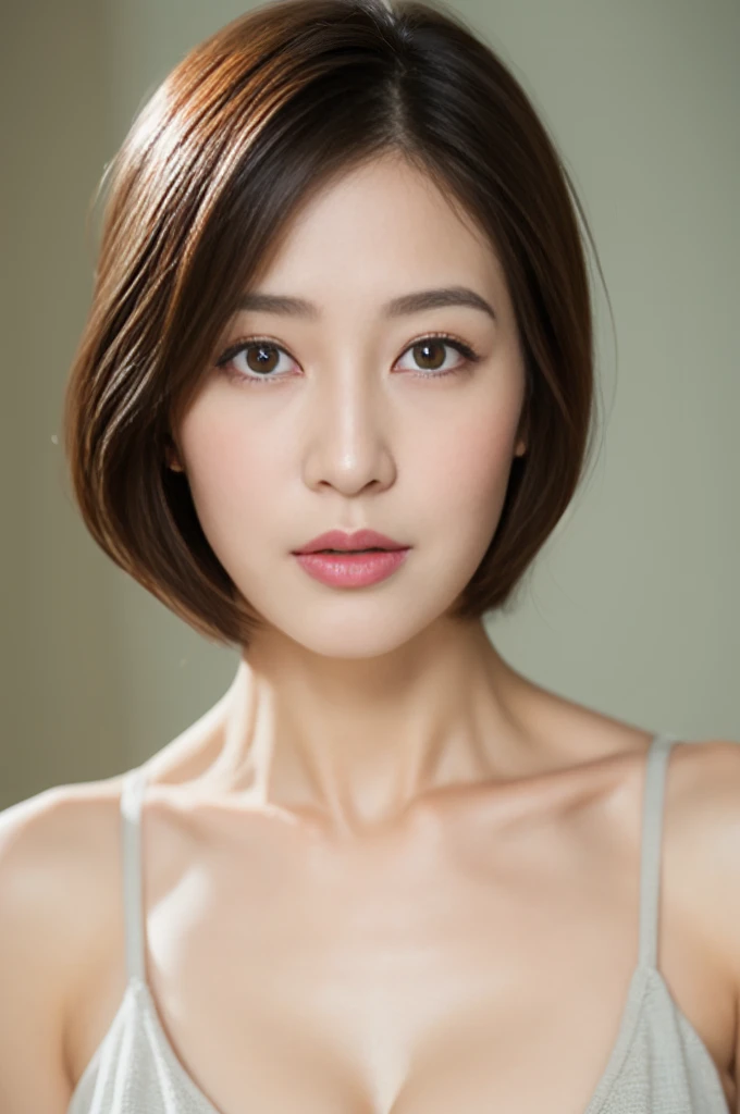 top-quality,40 year old woman,Colossal ,so short hair,well-muscled,Beautiful face,Slender eyes,Thick lip,Thin makeup,blusher,Realistic wrinkles,Exposing breasts,