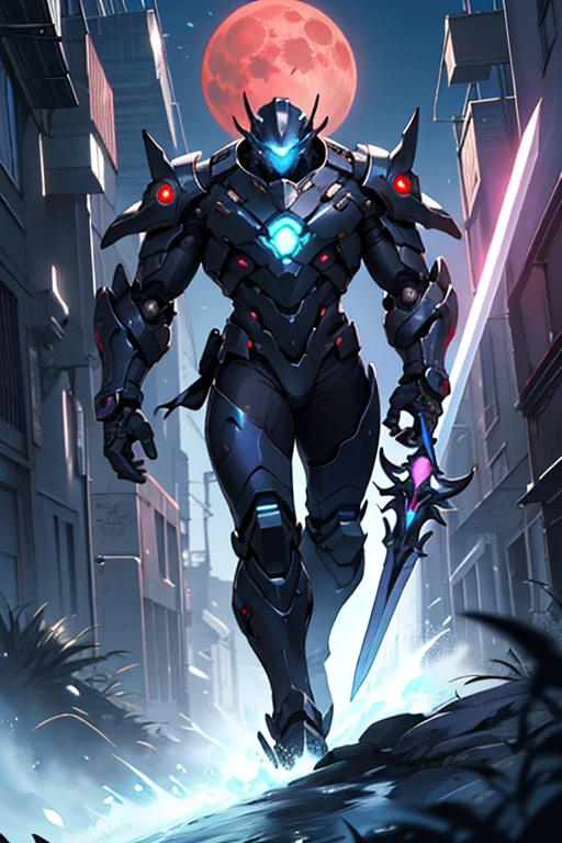 , a close up of a person in a purple costume holding a sword, purple armor, sleek purple armor, 8k hd wallpaperjpeg artifact, 8 k hd wallpaperjpeg artifact, ethereal and mecha theme, sigma from overwatch, purple glowing core in armor, menacing. unreal 5, cyber suit, cyber armor, 8 k high detail concept art, ultra wide shot, full body shot, (masterpiece) ， the best quality， High Quality， （futurism：1.1）， （A paladin holding a light infused sword, light magic, divine, Magewave, silver and gold）， movie lights， （Exquisite future）， Beautiful and beautiful， Ultra detailed， Great composition， floating， Depth of field， （Very detailed CG，Unity 8k Wallpaper）， （Beautiful detail background）， Beautiful hair details， dramatic lights， GOGETTA， mecha，Bestquality，ultrahighres，photorealistic, Pale skin handsome man, wearing beautiful elegant black_red suit, dark_fantasy, curly long hair, red moon, pixiv, vampire, elegant spooky, ffxiv, dramatic light, fantasy background, manga style, Tsutomu Nihei style, vibrant co