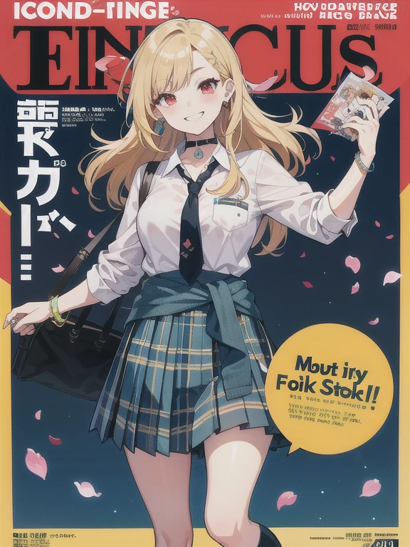masterpiece, best quality, full body, 1girl, bangs, black choker, black necktie, blonde hair, blue skirt, blush, bracelet, breasts, choker, clothes around waist, collarbone, collared shirt, cowboy shot, dress shirt, ear piercing, eyebrows visible through hair, gradient hair, grin, gyaru, jewelry, kogal, long hair, looking at viewer, loose necktie, necktie, piercing, plaid, plaid skirt, pleated skirt, red eyes, ring, , shirt, skirt, smile, solo, white shirt, street, sky, cherry blossoms, petals,illustration, (magazine:1.3), (cover-style:1.3), fashionable, woman, vibrant, outfit, posing, front, colorful, dynamic, background, elements, confident, expression, holding, statement, accessory, majestic, coiled, around, touch, scene, text, cover, bold, attention-grabbing, title, stylish, font, catchy, headline, larger, striking, modern, trendy, focus, fashion,