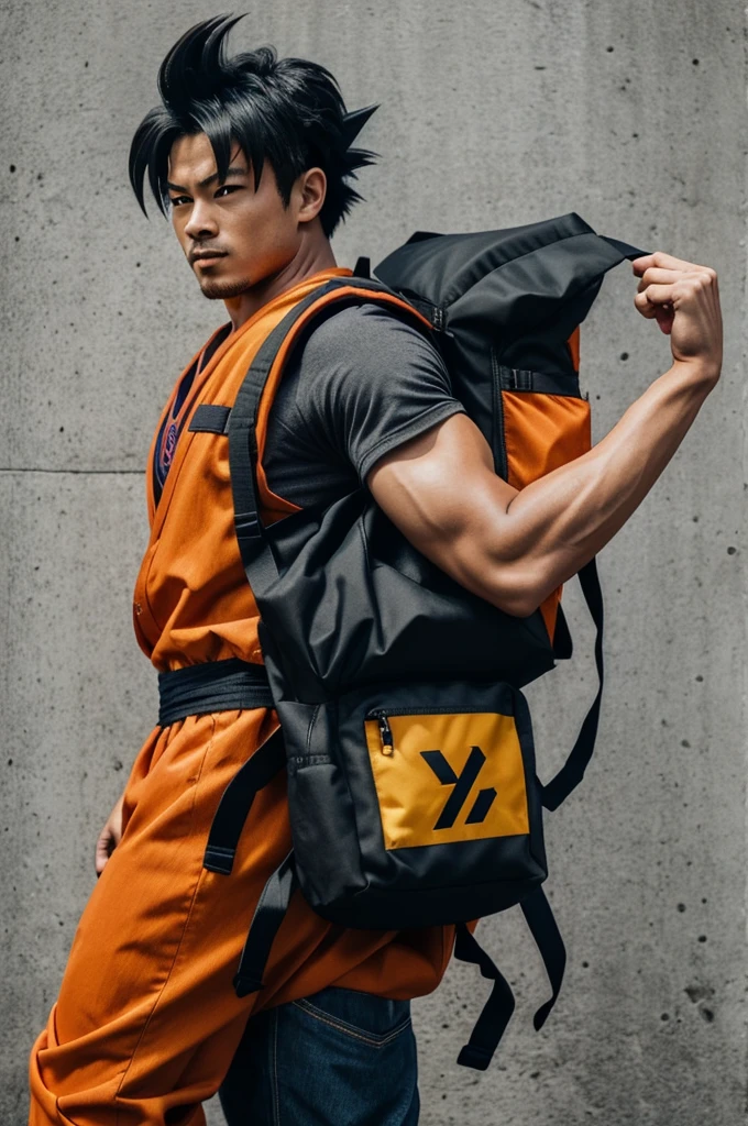 I need you to make a picture of Goku with a backpack. I want the backpack to be a Chenson brand and to see the logo on the backpack and for this logo to be on a metal plate.
I would also like Goku to be fighting with the devil and for him to have a backpack with similar characteristics.