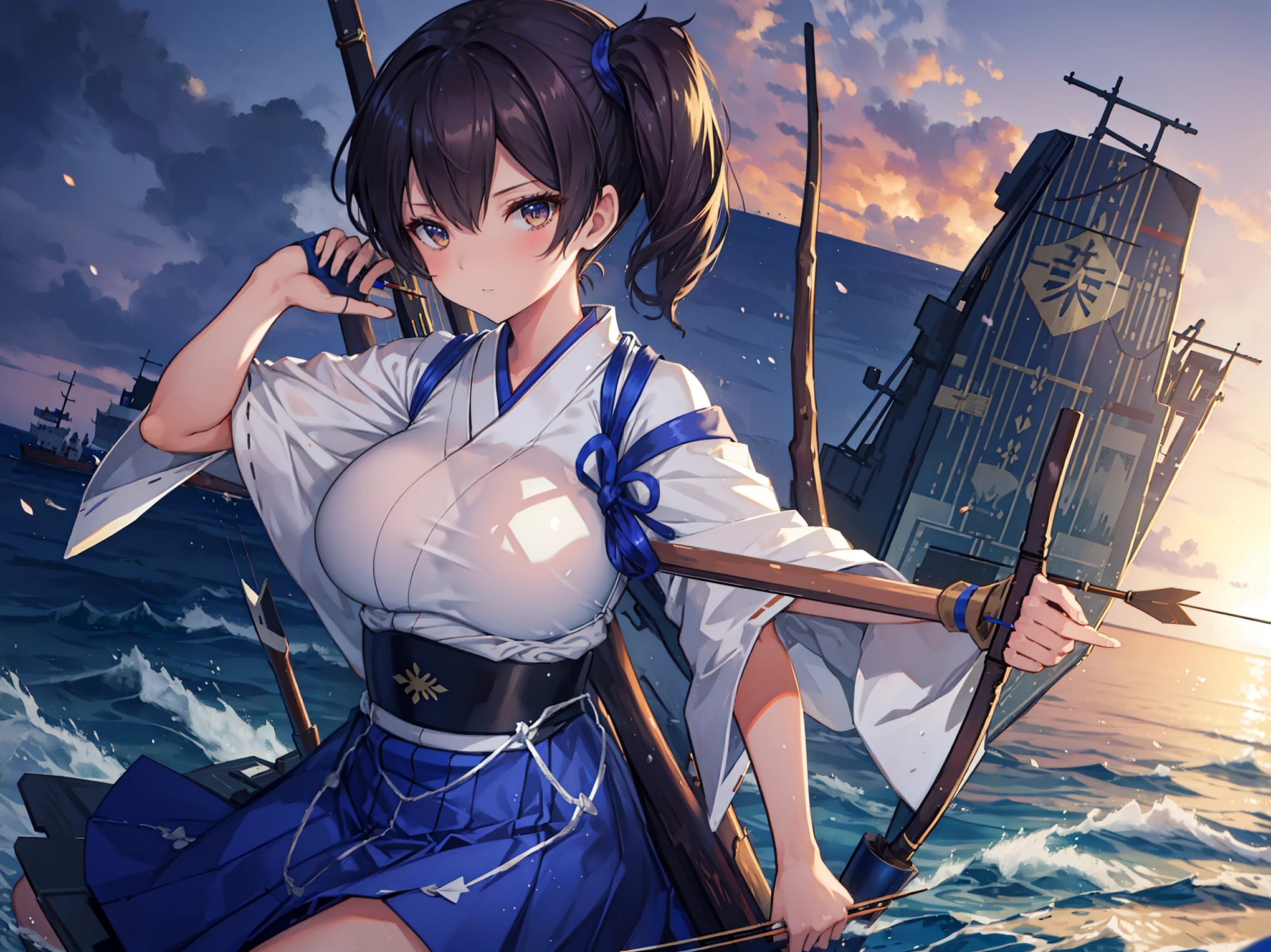 Kaga(Fleet Collection),highest quality, masterpiece, High resolution,kimono,blue skirt,side ponytail,big_breasts,solo,Japanese_bow&arrow,dynamic_posing,half_eyes,solo,plump, sea_landscape