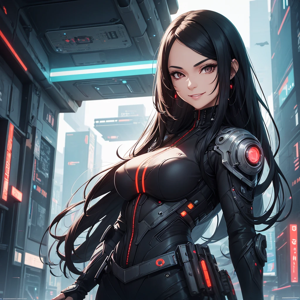 a woman with long black hair, brown eyes, and a mocking smile, wearing futuristic clothes in a futuristic setting, detailed facial features, ultra-detailed, masterpiece, photorealistic, high quality, 8k, sharp focus, vivid colors, science fiction, cyberpunk
