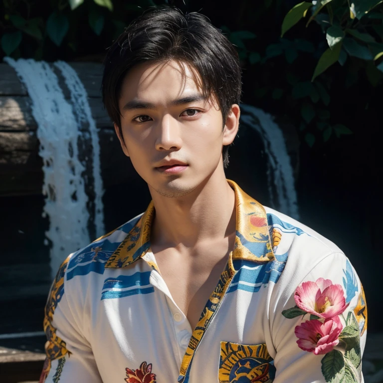 Close-up photo, Southeast Asian man with a round face,black eyes,abdominal muscles, perfect body, outdoor, Warm light, The morning sun shines beautifully., (digital painting, HDR, high contrast), 3d, 8k, 45,000,000 pixcls, realistically,