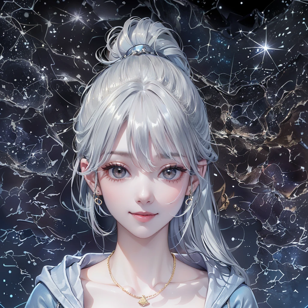 (((Correct anatomy))),((Highest quality,masterpiece,一位Mature棕眼美女,Super thin air parted bangs,Light blue denim gray hooded jacket,Blue gray high ponytail super long straight hair,Double sideburn curly hair,Hair ends curled in,Gray powder clothes,Exposed clavicle,Show all ears)),((Mature,Smile slightly,Look at the camera head-on)),(starry sky galaxy background),Matte denim texture,Round simple earrings,Gold thin round necklace