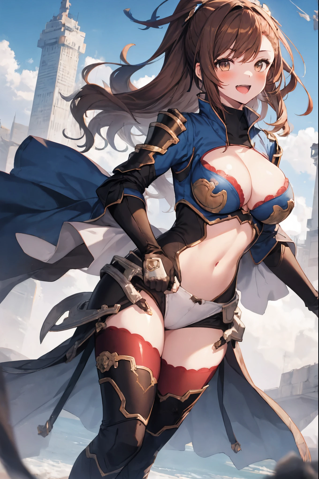 masterpiece, best quality, 1teen_girl,def,beatrix, ponytail, hair ribbon, gauntlets, blue shirt, gloves, cleavage cutout, looking at viewer, big_smile, large breasts, sky ,,happy,covered_nipples,young_,full_of_beans,,laugh,blush,open_mouth,thigh-highs, glower,open_legs,rise_knee,(angry:0.8)