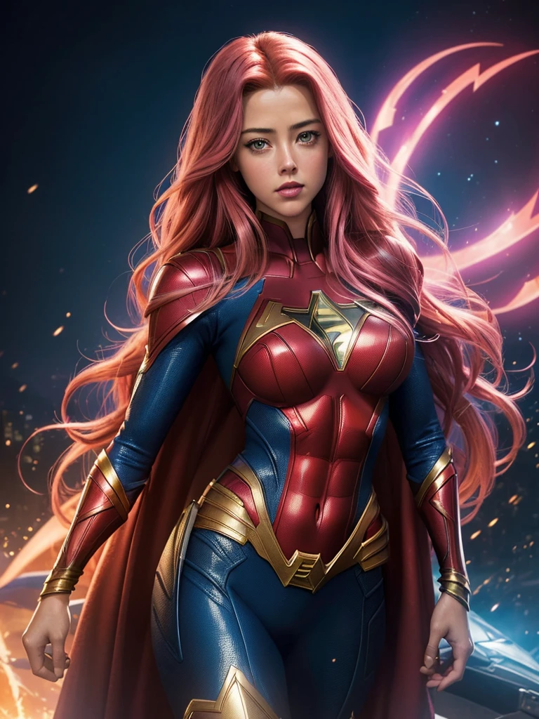 (best quality,ultra-detailed:1.2),beautiful sexy young AMBER HEARD,full kissable lips,long flowing pink hair,(realistic:1.37),(Marvel Comics:1.1),(DC Comics:1.1),(Phoenix Supergirl fusion), (Jean Gray Kara, Zor-El fusion), (X-MEN, Justice League fusion), breasts,vivid colors,portrait,superhero,vibrant lighting,comic book style