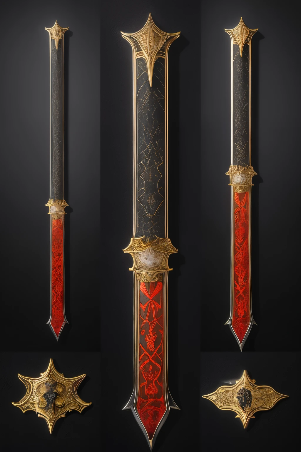 A huge black-bladed sword, adorned with glowing red and orange arcane runes. The hilt is wrapped in dark manticore leather with gold accents. no knob, a large enchanted ruby shines brightly, emitting a dark aura. The sword is in a dark setting, like a volcanic cave or an ancient altar.