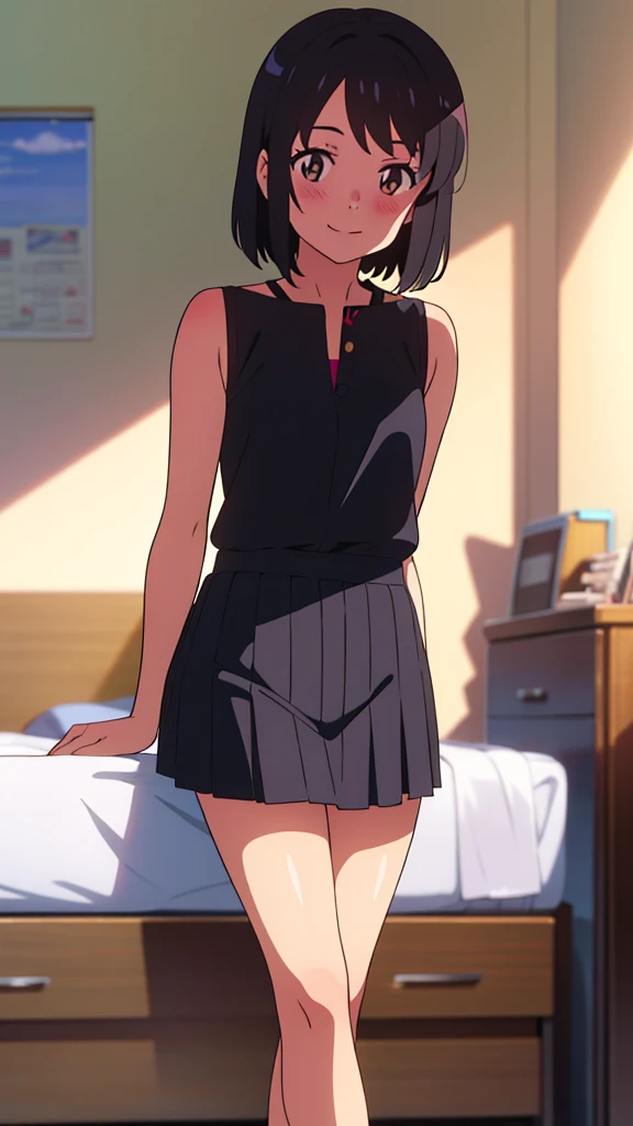 shinkai makoto, kimi no na wa., 1girl, bangs, black hair, blush, brown eyes, looking at the viewer, sleeveless dress, skirt, bare shoulders, short hair, solo, bedroom, shinny skin, smile, cute, (masterpiece), best quality