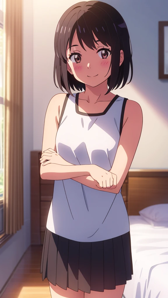 shinkai makoto, kimi no na wa., 1girl, bangs, black hair, blush, brown eyes, looking at the viewer, sleeveless dress, skirt, bare shoulders, short hair, solo, bedroom, shinny skin, smile, cute, (masterpiece), best quality