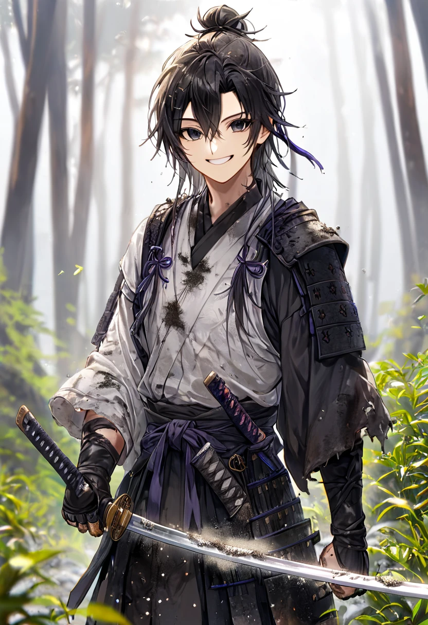Ronin, Dirty, Boy, Two sword, black eyes, black samurai long unkempt hair, ragged body, gray- white Torn clothes, Smile, nature background.