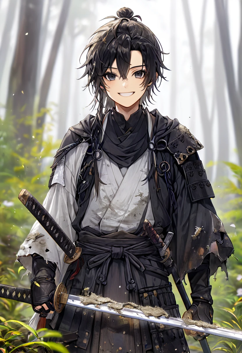 Ronin, Dirty, Boy, Two sword, black eyes, black samurai long unkempt hair, ragged body, gray- white Torn clothes, Smile, nature background.