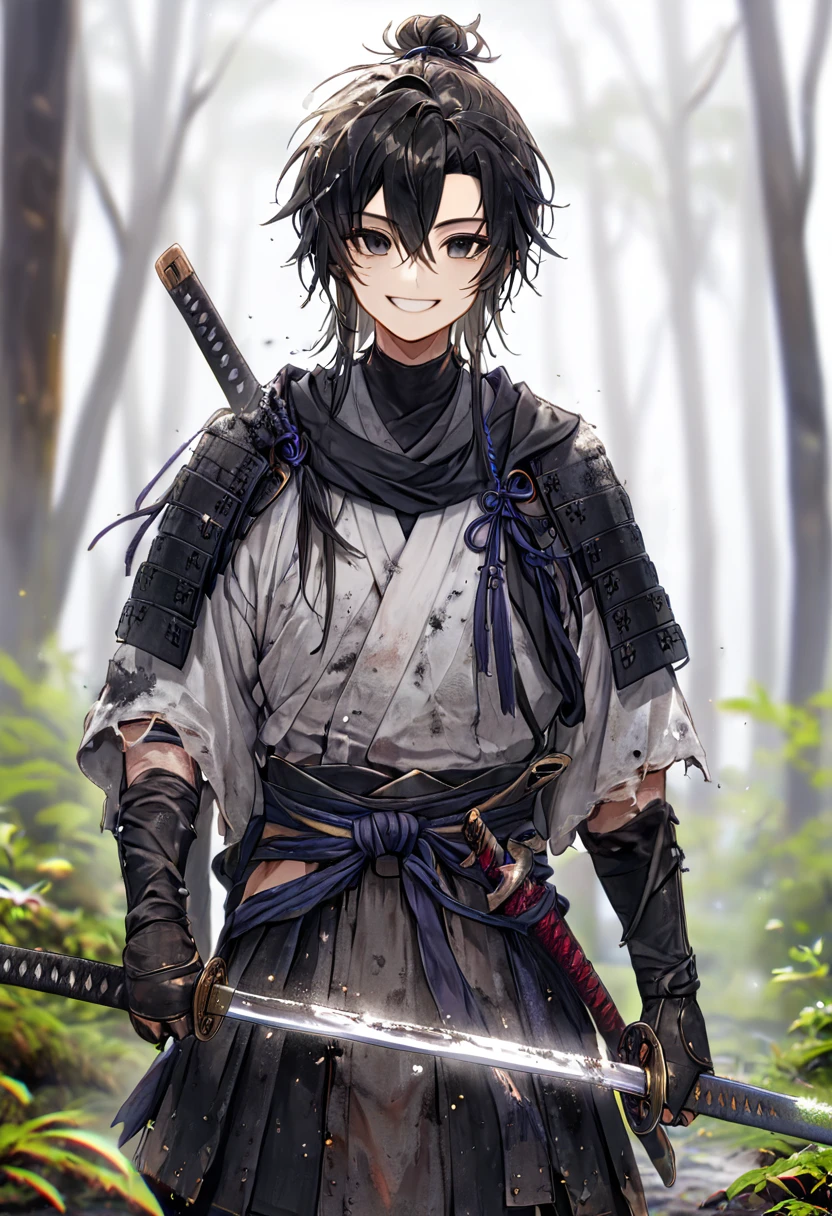Ronin, Dirty, Boy, Two sword, black eyes, black samurai long unkempt hair, ragged body, gray- white Torn clothes, Smile, nature background.