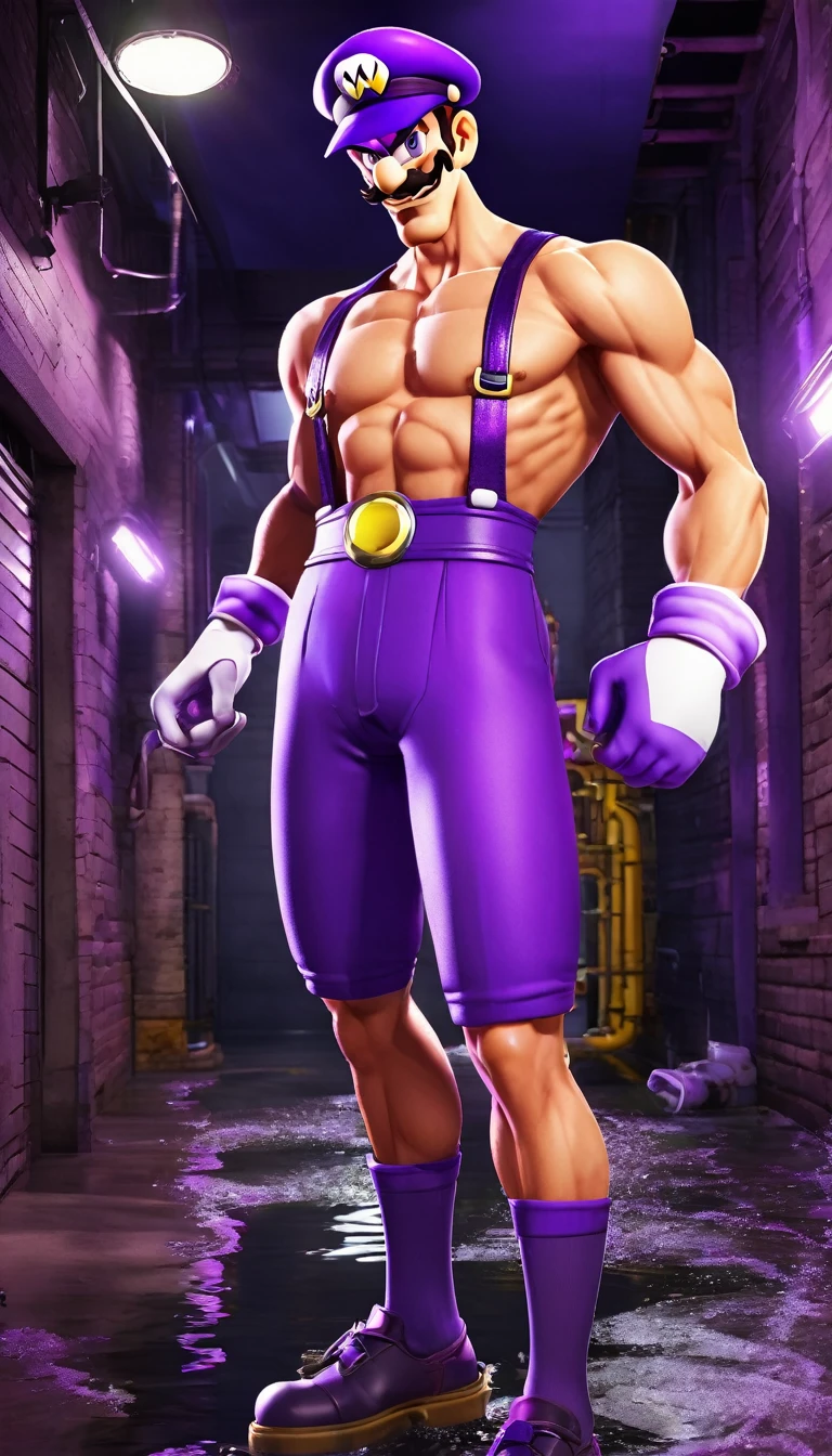 waluigi, handsome, muscular lean, in a purple jockstrap, hairy torso. Big chest in a sewer lit with purple lighting.