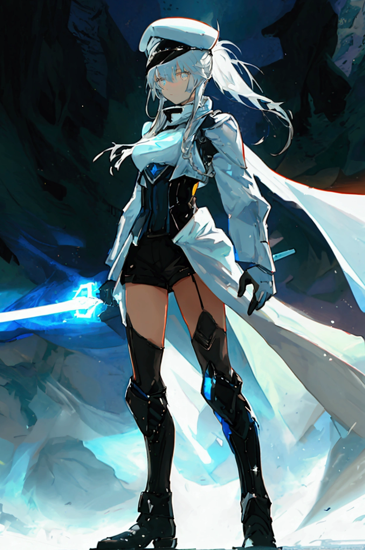 ((science fiction space fantasy)), A badass tall woman, (A female commander), ((a leader of a fleet of intergalactic armies)), White high ponytail with a glowing light blue highlights at the ends, Wielding a sword with deep blue aura, the mystical blade in her hand emitting a bright contrast blue light with a ray of energy, a futuristic intergalactic military uniform, Wearing Black shorts exposing the thighs, with a captain hat, a long simple dark boots. A masterpiece illustration, a light novel cover, best quality, best detail(Light novel illustrations), Arknights style, masterpiece, high quality, detailed.