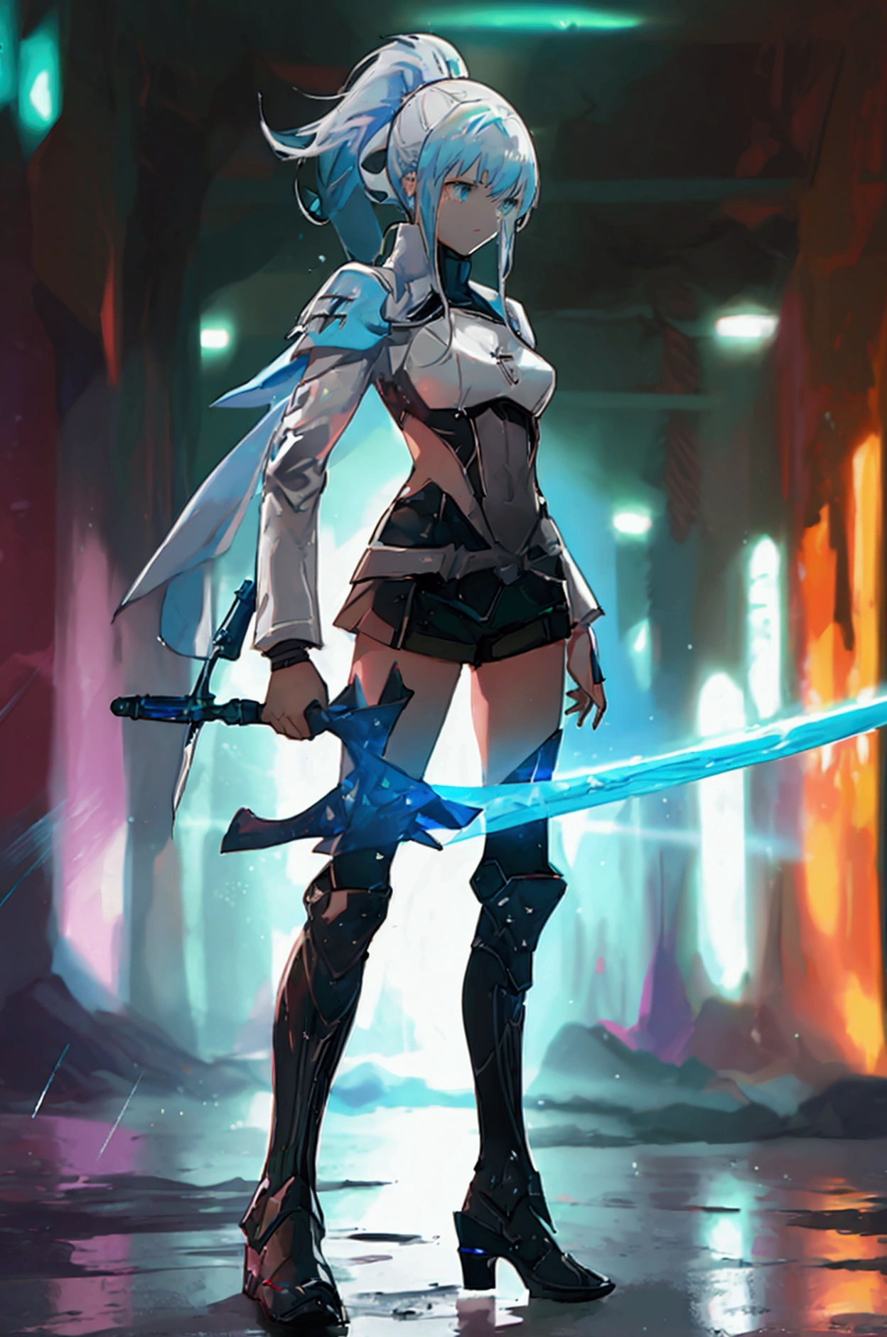 ((science fiction space fantasy)), A badass tall woman, (A female commander), ((a leader of a fleet of intergalactic armies)), White high ponytail with a glowing light blue highlights at the ends, Wielding a sword with deep blue aura, the mystical blade in her hand emitting a bright contrast blue light with a ray of energy, a futuristic intergalactic military uniform, Wearing Black shorts exposing the thighs, with a captain hat, a long simple dark boots. A masterpiece illustration, a light novel cover, best quality, best detail(Light novel illustrations), Arknights style, masterpiece, high quality, detailed.